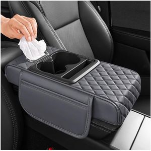 Universal Car Armrest Cushion With Cup Holder & Tissue Box - Grey