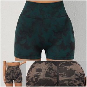 2 Pack High-Waisted  Sexy Yoga Pants  Green Coffee Stretchy  Seemless  Tie-Dye Printing Sports Fitness Tummy Shorts For Women