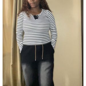 Striped White Buttoned Neck Long Sleeves Top