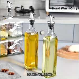 2-Pack 8.45oz Premium Glass Oil & Vinegar Dispenser Bottles, Elegant Square Design for Olive Oil, Condiments - Durable, Space-Saving & Travel-Friendly, Hand Wash Only
