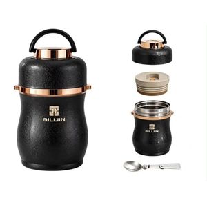 Ailijin insulated stainless steel vacuum food flask features a rose-gold accent finish and a matching folding spoon. - Black 