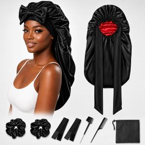 8-Piece Double Layer Satin Bonnet Night Hair Care Kit For Braids, Locs, Natural Hair & Curly Styles With Scrunchies, Styling Bands, Edge Brush, Rat Tail Comb & Storage Bag - Black/Red