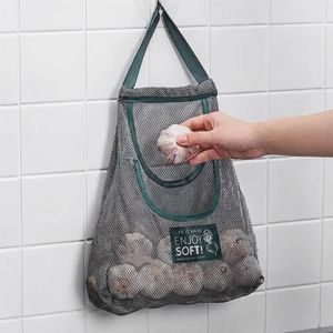 ShebSheb 1pc Kitchen Mesh Storage Bag with Handle, Breathable Polyester Organizer for Vegetables & Fruits, Reusable Wall‑Mounted Produce Holder, Easy to Clean