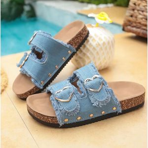Clo New Summer Style Heart Buckle Rivet Studded Frayed Edge Thick Sole Fashion Flat Slip-On Slippers for Women, Outdoor Wear, Height-Increasing,, Versatile, Beach and Seaside Vacation Single-Strap Slides, Women Shoes