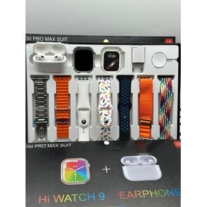 i30 Pro max suit, Hi Watch 9 + Earphone smartwatch 11 in 1 set with silver chain 