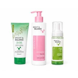 AQUA RICH Bright & Balance 3-Piece Skincare Set – Niacinamide Body Lotion 500ml + Tea Tree Face Scrub 150ml + Tea Tree Foaming Face Wash 200ml