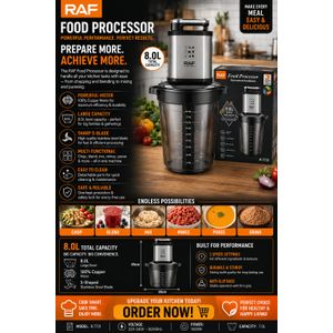 RAF Food Processor – Model R.7731 – 8.0L Large Capacity, 1500W Copper Motor, Multi-Functional with Stainless Steel S-Blade – Durable, Safe & Easy Cleaning
