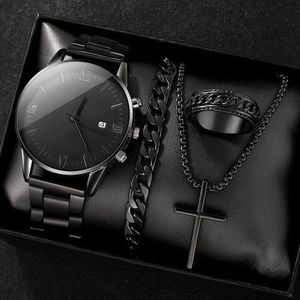 Men’s Black Quartz Watch and Jewelry Set with Cross Necklace Cuban Bracelet Ring for Casual and Party Wear
