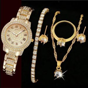 6-In-1 Gold Wrist Watch for Women, Necklace, Bracelet, Ring, Earrings