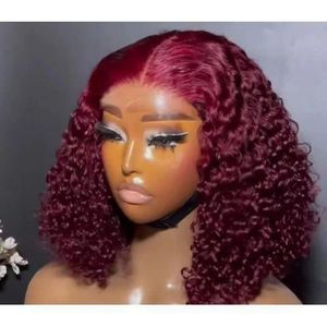 Super soft budget pissy glueless curly hair wig with 4 by 4 closure burgundy color 14 inches