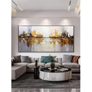 Modern Abstract Gold and White Cityscape Canvas Wall Art