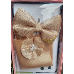 1 - Gold Colour Stylish Men Bow Tie, Pocket Scarf & Rose