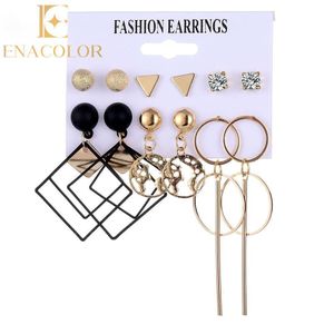 No Band Enacolor 12Pcs/Set Black Square Gold Earrings Female Jewelry Accessories