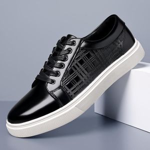Banagat Men's Lace up Sneakers Shoes Monogram Print Patchwork Leather Casual Breathable Business Black