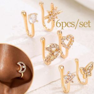 6Pcs Non Piercing U Shape Nose Ring Set, Copper Cubic Zirconia Nose Cuffs, Moon Star Heart Butterfly Crystal Clip On Nose Jewelry for Women Wedding Party Church Daily Accessories