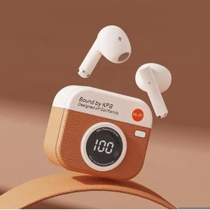 KFG Retro Camera-Style Bluetooth Earbuds – Hi-Fi Sound & Smart LED Display Wireless Earphones – Leather Case - 1 Pack 