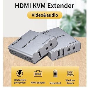 HDMI Extender 60m with KVM Audio Output IR Control Support USB Mouse and Keyboard Extension Over cat5e cat6 Cable, 60M HDMI KVM Extender Video Resolution up to 1080p - grey(K)