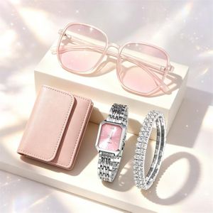 2026 New Luxury Women's Four-Piece Set Pink Dial Steel Band Watch, Sparkling Diamond Bracelet, Wallet, and Sunglasses – Perfect Gift for Birthdays and Holidays