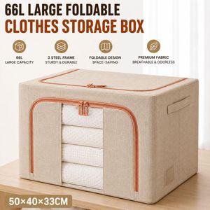 66L Large Foldable Clothes Storage Box, 3 Steel Frame Fabric Organizer for Wardrobe, Quilt & Bedding, Khaki, 50×40×33cm