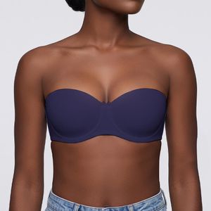 Binnys Sexy Dark Blue Bra,Transparent Strap, Collect Bra Steel Rings, Non-Removable Gaskets, Hinge Closure, T-Shirt Underwear for Casual and Formal Settings, Strapless Adjustable straps Bra for Daily Comfort Wear, Backless Design Half-cup Women's Bra 