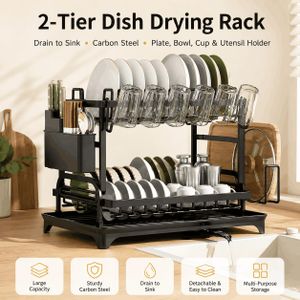 2-Tier Dish Drying Rack with Drain Tray, Carbon Steel Plate Bowl Organizer