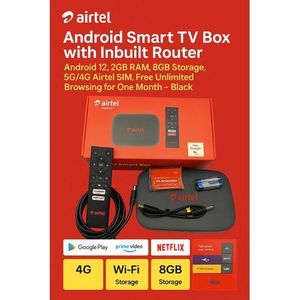 Airtel Android Smart TV Box with Inbuilt Router, Android 12, 2GB RAM, 8GB Storage, 5G/4G Airte SIM, Free Unlimited Browsing for One Month, Free UPS Latest Version