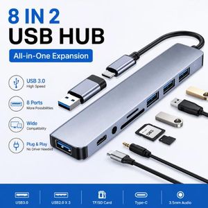 KIROTECH 8-in-2 USB Hub USB 3.0 Type-C Multiport Adapter Docking Station with SD/TF Card Reader, 3.5mm Audio & USB-C Data Port for Laptop, PC, MacBook, Tablet