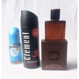 Perfume Combo Gift Set of 3 in 1 of All Day Ice Roll On 50ml, Element Body Spray 150ml and Oud Torch Brown Mini EDP 25ml (Unisex Daily Comfort)., NAFDAC Number: Roll On: 02-0373, Spray: 02-6486, EDP: A2-6497