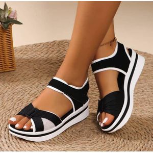 Genetic Women’s Cross Strap Black Sandals – Open Toe Casual Comfort Flats with Adjustable Ankle Strap