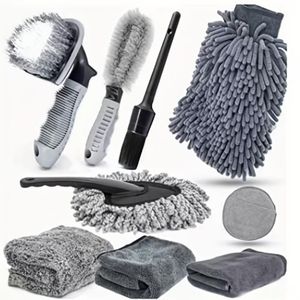 This 9-piece car cleaning kit includes a wheel well brush, a crevice and vent brush, a towel, a cleaning cloth, an interior dust brush, a tire cleaning brush, and an interior cleaning brush.