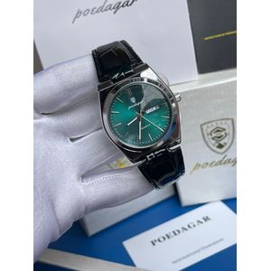 POEDAGAR Classic Men's High Quality Black Leather Wristwatch With Green Surface