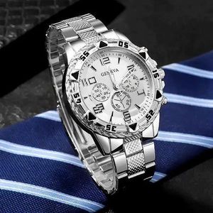 GENEVA Large dial Men's watch with steel strap, fashionable business style, white glass, digital quartz watch