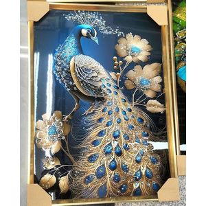 Royal Plumage: Sapphire Blue and Gold Peacock Crystal Porcelain Art