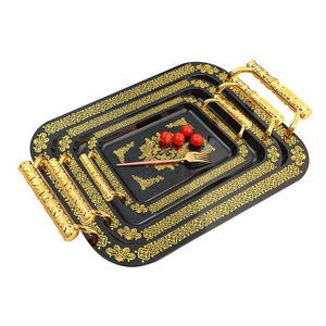 3 Pieces Premium Acrylic Serving Tray with Gold Handles – Elegant Vintage Filigree Decorative Tray for Coffee Table, Vanity, Drinks & Snacks – Shatterproof Plastic Ottoman & Party Tray