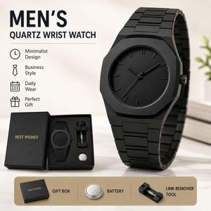 Men's Quartz Wrist Watch with Gift Box, Battery & Watch Link Remover Tool, Minimalist Analog Business Watch for Daily Wear