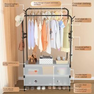 Multifunctional Double-Pole Clothes Rack with Shoe Storage and Side Hooks.