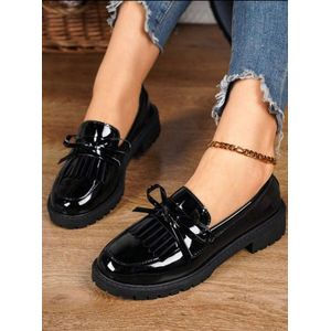 Luxury Princess Patent Leather Loafers - Elegant Chunky Low Block Heel Office Shoes - Comfortable Corporate Slip-on Footwear For Women - Black