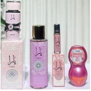 Lattafa Yara EDP Perfumed Natural Spray 50ml, Yara Body Mist Spray 250ml, Yara perfume Oil  and Tag Ultra Dry Roll On