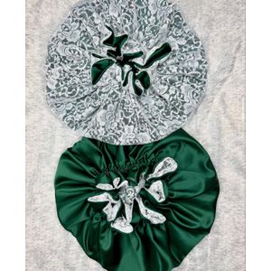 Reversible Duo color Satin Hair Bonnet Green:White Chantilly - 1PC