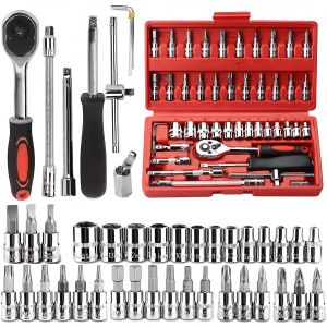 46Pcs 1/4 Inch Drive Socket Ratchet Wrench Set – Chrome Vanadium Steel – Red Tool Box – Automotive Repair Tool Kit for Car, Motorcycle, Bicycle, Home Maintenance – Includes Sockets, Screwdrivers, Hex Keys – DIY Hand Tool Set