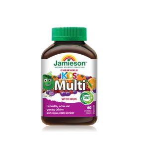 Jamieson  Multivitamin Chewable for Kids with Iron,Orange, Grape, Cherry and Raspberry Flavours.60 Chewables.