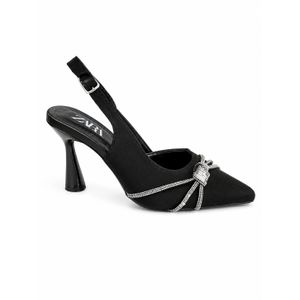 Women’s Black Pointed Toe Heels with Rhinestone Bow Detail & Adjustable Ankle Strap