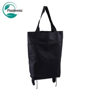 Flushrenic 2-in-1 foldable shopping bag with wheels, waterproof and sturdy shopping bag handcart, waterproof Oxford fabric, foldable portable shopping box, suitable for supermarket procurement, travel, and school use