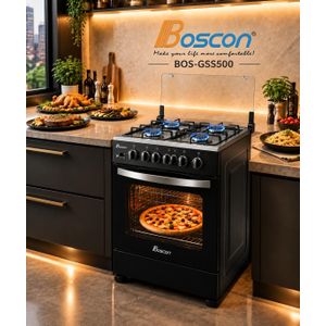 Boscon BOS-GSS500 4 Burner Standing Gas Cooker 50x50cm - 4 Gas Burners + Gas Oven + Grill + Glass Lid + Bottom Drawer - Black
