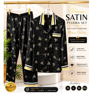 Henshin Women's Premium Satin Bee Print Long Sleeve Pajama Set - Black