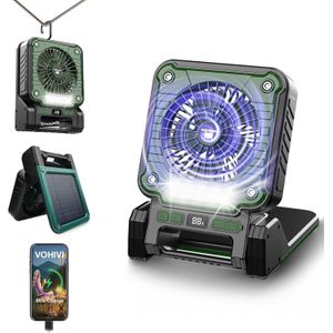 Portable Solar Powered Rechargeable Fan with Light, 3 Speeds, USB-C, Hanger, for Tent, Camping, Travel, BBQ, Home, Kitchen, Office, Bedroom, Power Outage Emergency (Green)