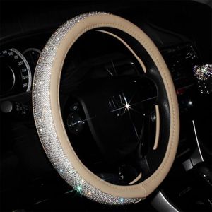 Beige Universal Non-Slip Crystal Steering Wheel Cover With PU Leather And Bling Diamond Rhinestones, Decorative Sparkly Car Accessories Case, 15-Inch