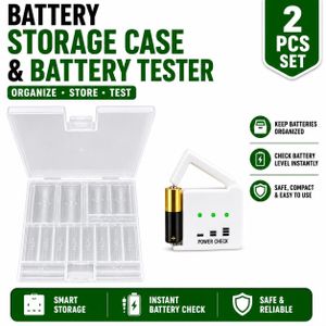 2PCS Battery Storage Case & Battery Power Checker Set – Battery Organizer Box + Battery Tester (Batteries Not Included)