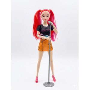 Mira Pop-Star Edition: Vibrant Red Pigtails Fashion Doll with Microphone Stand