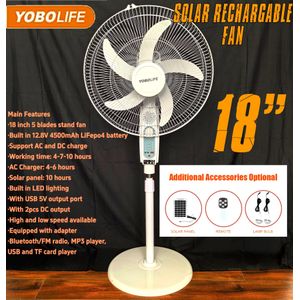 YOBOLIFE 18 Inches Strong AC/DC Rechargeable LiFePO4 Standing Solar Fan + 2Bulbs/Radio&BT/22W Pannel/Remote Control